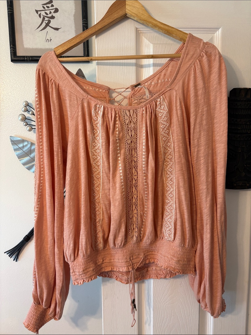 Free People Peach Lace-Paneled Boho Blouse